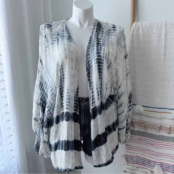 Anthropologie Vada White Blue Gold Shimmer Cocoon Kimono Women’s One Size - Picture 4 of 12